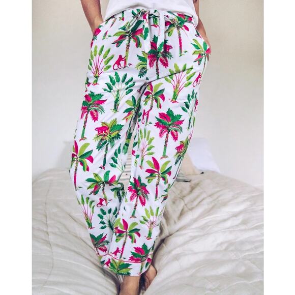 Print Fresh NWT Royal Palms Pink Basil Tropical Palm Trees Monkey Pajama Pants - Picture 9 of 10